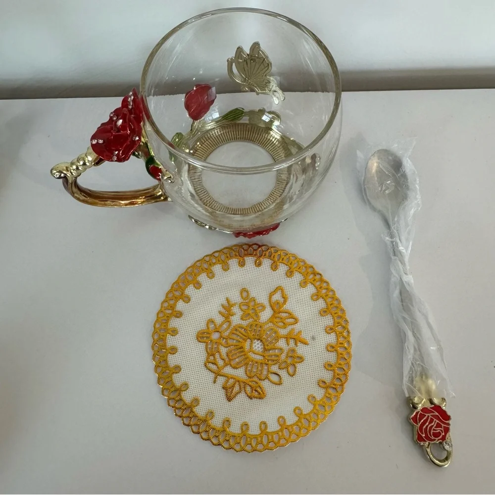 Rose and Butterly, Enamel, Glass Coffee/Tea Cup with Embellished Spoon